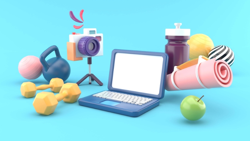 Eine 3D-Illustration von Obst und Trainingsgeräten, die einen veganen Lebensstil fördern.