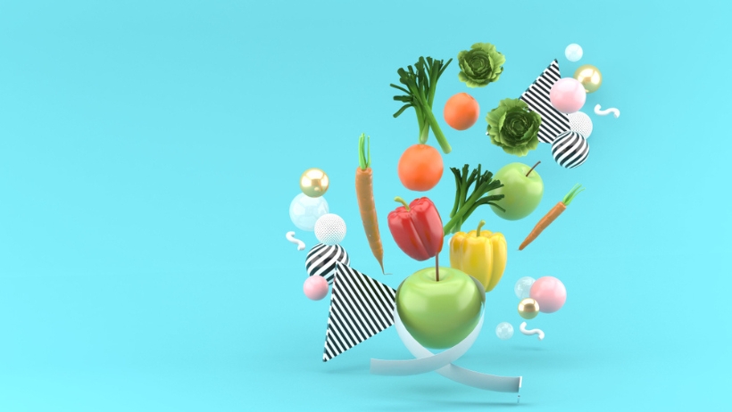 Eine 3D-Illustration von frischen veganen Lebensmittelb auf blauem Hintergrund.