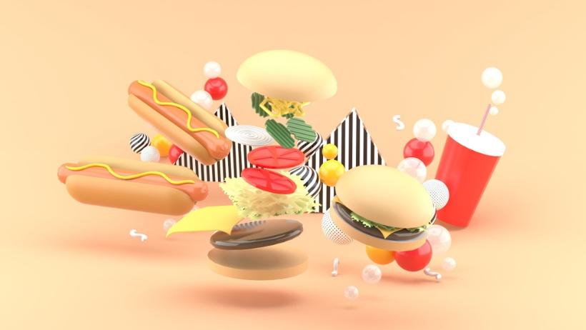 3D-Illustration von veganen Fertigprodukten und Junkfood.