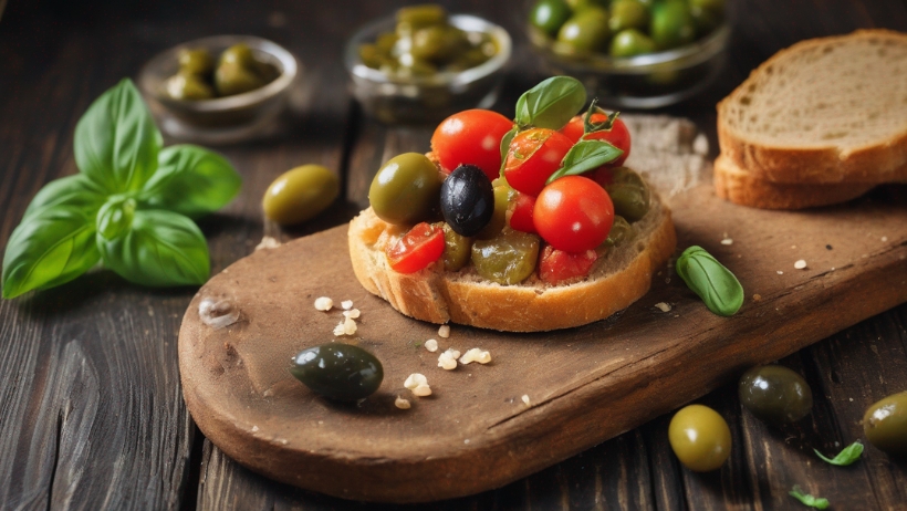 Eine Scheibe Brot mit Kirschtomaten, grünen und schwarzen Oliven und frischem Basilikum auf einem Holzbrett. Perfekt für Anfänger, die die vegane Küche ausprobieren möchten.