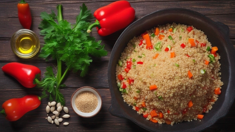 Eine Schüssel gekochter Quinoa, gemischt mit gewürfelten roten und grünen Paprikaschoten, steht auf einem Holztisch neben einem Bund Petersilie, ganzen roten Paprikaschoten, einer kleinen Schüssel mit Samen und einer Flasche Öl. Ideal für Anfänger, die köstliche, gesunde Mahlzeiten zubereiten möchten.