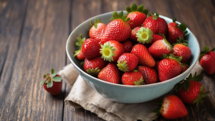 Eine blaue Schüssel gefüllt mit reifen Erdbeeren steht auf einem Stück Stoff auf einer Holzoberfläche, perfekt für vegane Rezepte.