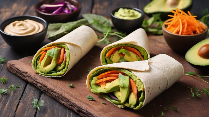 Drei Gemüsewraps gefüllt mit Avocado, Karotten und Blattgemüse liegen auf einem Holzbrett. Drumherum stehen Schüsseln mit geraspeltem Kohl, geraspelten Karotten und Saucen, dazu eine halbierte Avocado – perfekt für alle, die vegane Rezepte ausprobieren möchten!